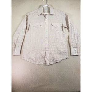 VTG Mustang Shirt Mens 16.5 Ivory Plaid Pearl‎ Snap Cotton Classic Flap Pockets